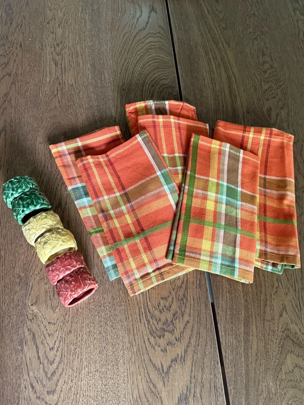 Fall Plaid Cloth Napkins & Ceramic Leaf Napkin Rings Set of 6 Thanksgiving